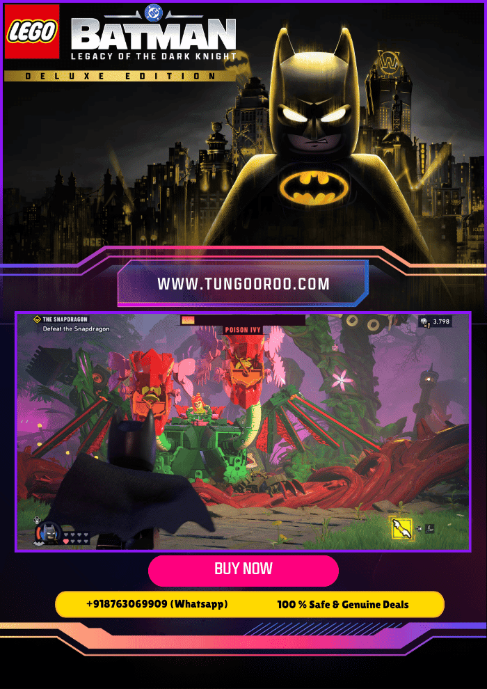 LEGO Batman Legacy of the Dark Knight Deluxe Edition — dynamic scene of LEGO Batman standing atop a rain-soaked Gotham rooftop, Bat-Signal blazing, explosive action, detailed minifigure expressions, vibrant city lights, collectible suit variations and co-op hero in background — 4K