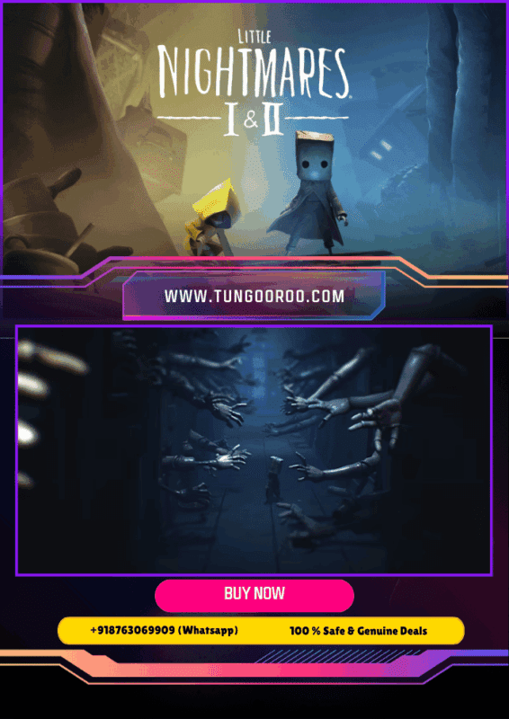 Little Nightmares I & II bundle cover art showing eerie paper-plate masks, tall shadows, and a child clutching a light in a rain-soaked, claustrophobic world — atmospheric puzzle-horror adventure for PS4 and PS5, 4K