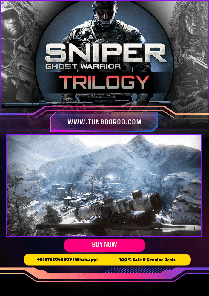 Sniper Ghost Warrior (2) Sniper Ghost Warrior Complete Trilogy box art with tactical sniper, realistic environments, stealth takedowns, long-range ballistics and sniper scope overlay — 4K