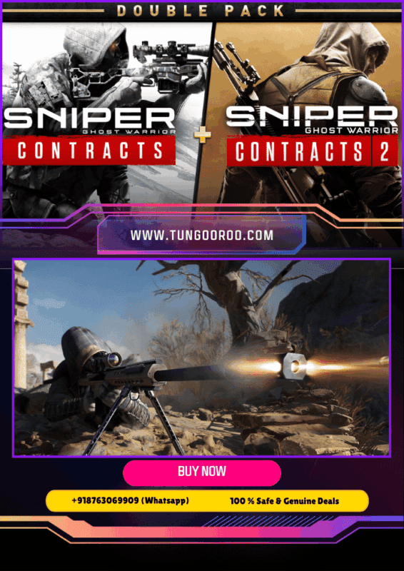 Sniper Ghost Warrior Contracts Double Pack cover art showing two tactical snipers in snowy and desert environments, long-range scopes, stealth silhouettes, explosive action, precision shots, tactical gadgets — 4K