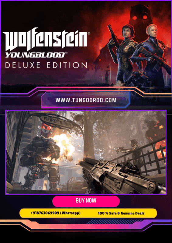Wolfenstein Youngblood Deluxe Edition cover art showing twin sisters Jess and Soph Blazkowicz in power armor, neon-drenched alternate-1980s Paris with heavy weapons and Nazi-futuristic tech, explosive action vignettes and Deluxe content icons — 4K