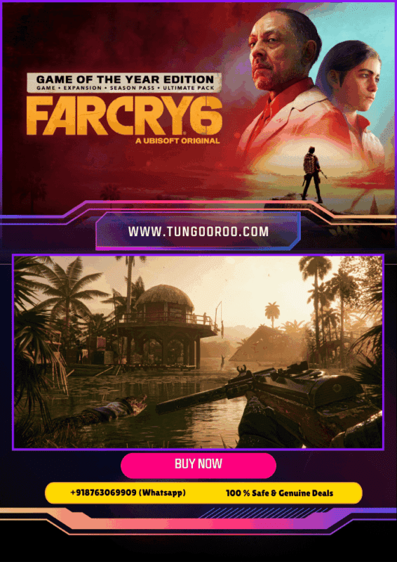 Guerrilla fighter with a makeshift weapon overlooking a sun-drenched Caribbean-style city under fire, explosive action, tropical jungle, intense gunplay, iconic villain Anton Castillo, open-world mayhem — 4K