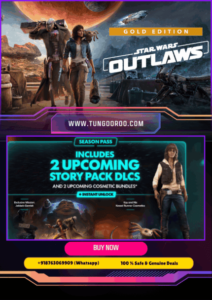 Star Wars Outlaws Gold Edition cover art featuring Kay Vess in a gritty open-world Star Wars adventure, with the full Season Pass and bonus content included for PC, PlayStation 5, and Xbox Series X|S 4K