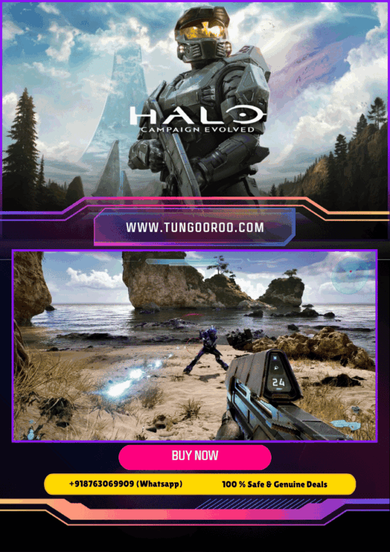 Halo: Combat Evolved campaign gameplay — Master Chief in green Mjolnir armor fires a battle rifle inside the Pillar of Autumn and explores alien ringworld landscapes with Covenant ships overhead, high-contrast lighting, dramatic explosions, and detailed HUD elements 4K