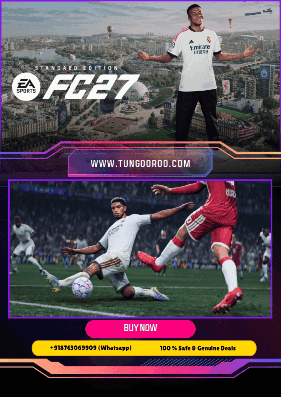 FC 27 key art featuring elite football action, realistic stadium atmosphere, intense next-gen gameplay, and ultra-detailed player movement in a premium sports simulation game 4k