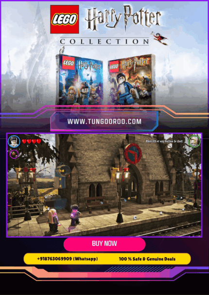 LEGO Harry Potter Collection key art showing Harry, Hermione, and Ron exploring Hogwarts in a charming brick-built Wizarding World adventure with spells, puzzles, duels, and magical creatures 4k