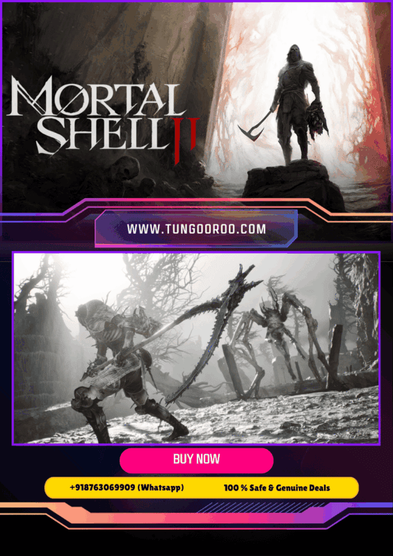 Mortal Shell II key art showing an armored Founder wielding a glowing weapon amid a dark fantasy battlefield with towering bosses and mystical shells. 4k