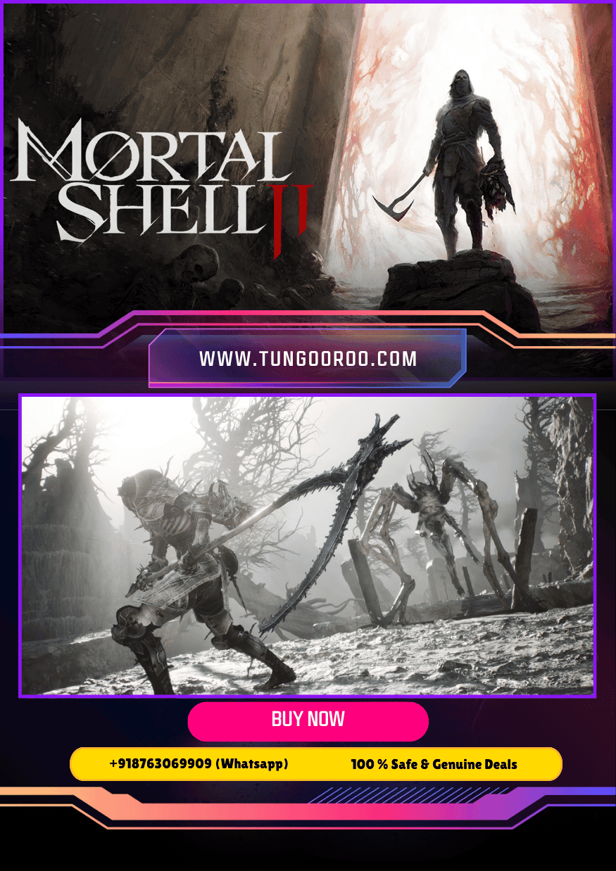 Mortal Shell II (2) Mortal Shell II key art showing an armored Founder wielding a glowing weapon amid a dark fantasy battlefield with towering bosses and mystical shells. 4k